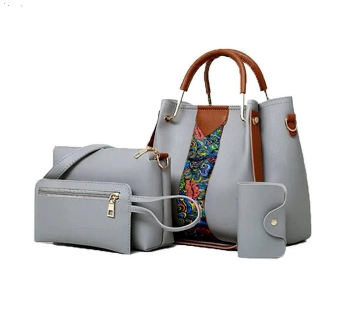 Stylish Grey Leather Handbag 4pcs Set